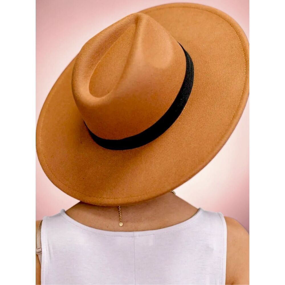 FAME Camel Wide Brim Fedora Hat | Tan Boho Rancher Western Black Ribbon NEW - Picture 6 of 14